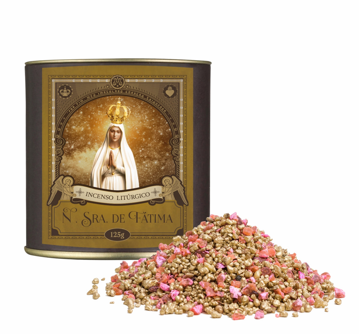 125g canister of Milagros Our Lady of Fatima resin incense beside a pile of resin grains.