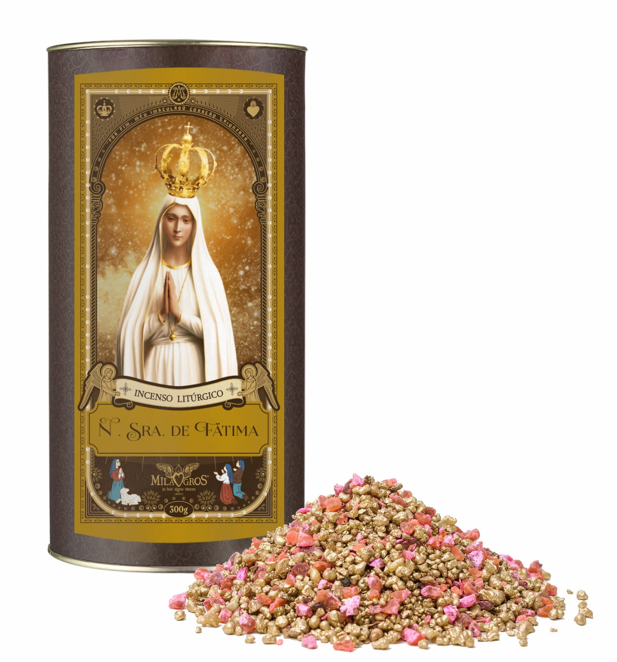 300g canister of Milagros Our Lady of Fatima resin incense beside a pile of resin grains.