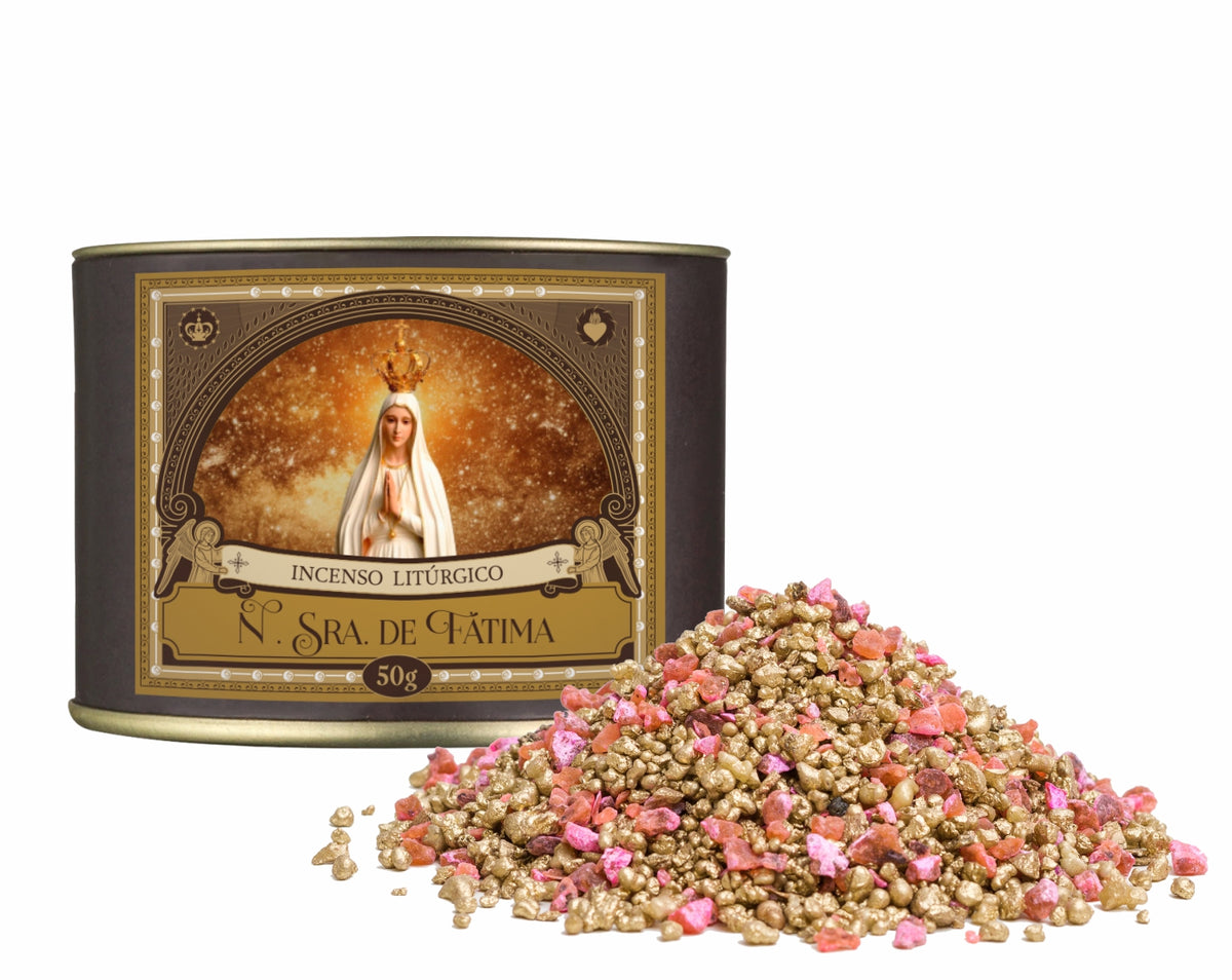 50g canister of Milagros Our Lady of Fatima resin incense beside a pile of resin grains.