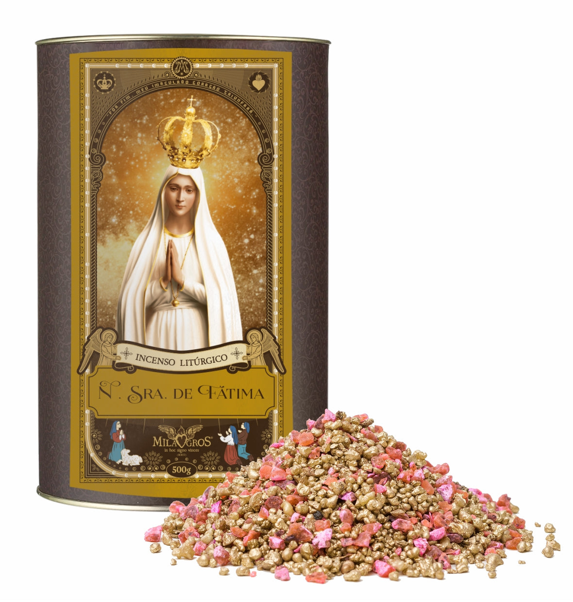 500g canister of Milagros Our Lady of Fatima resin incense beside a pile of resin grains.