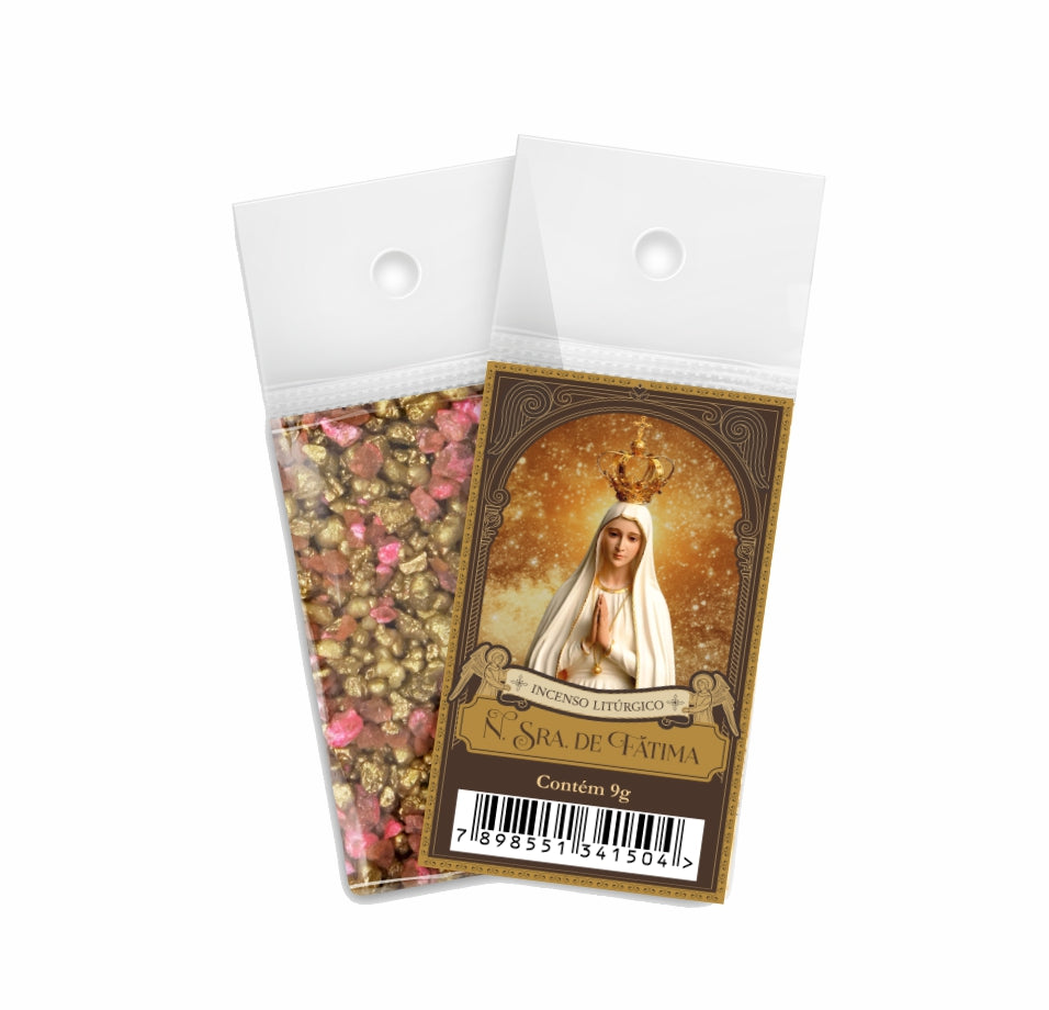 9g sachet of Milagros Our Lady of Fatima resin incense, shown front and back with devotional label.