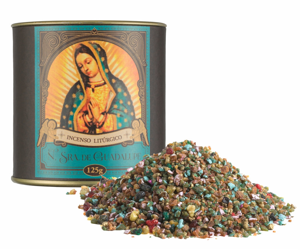 125g canister of Milagros Our Lady of Guadalupe resin incense beside a pile of resin grains.