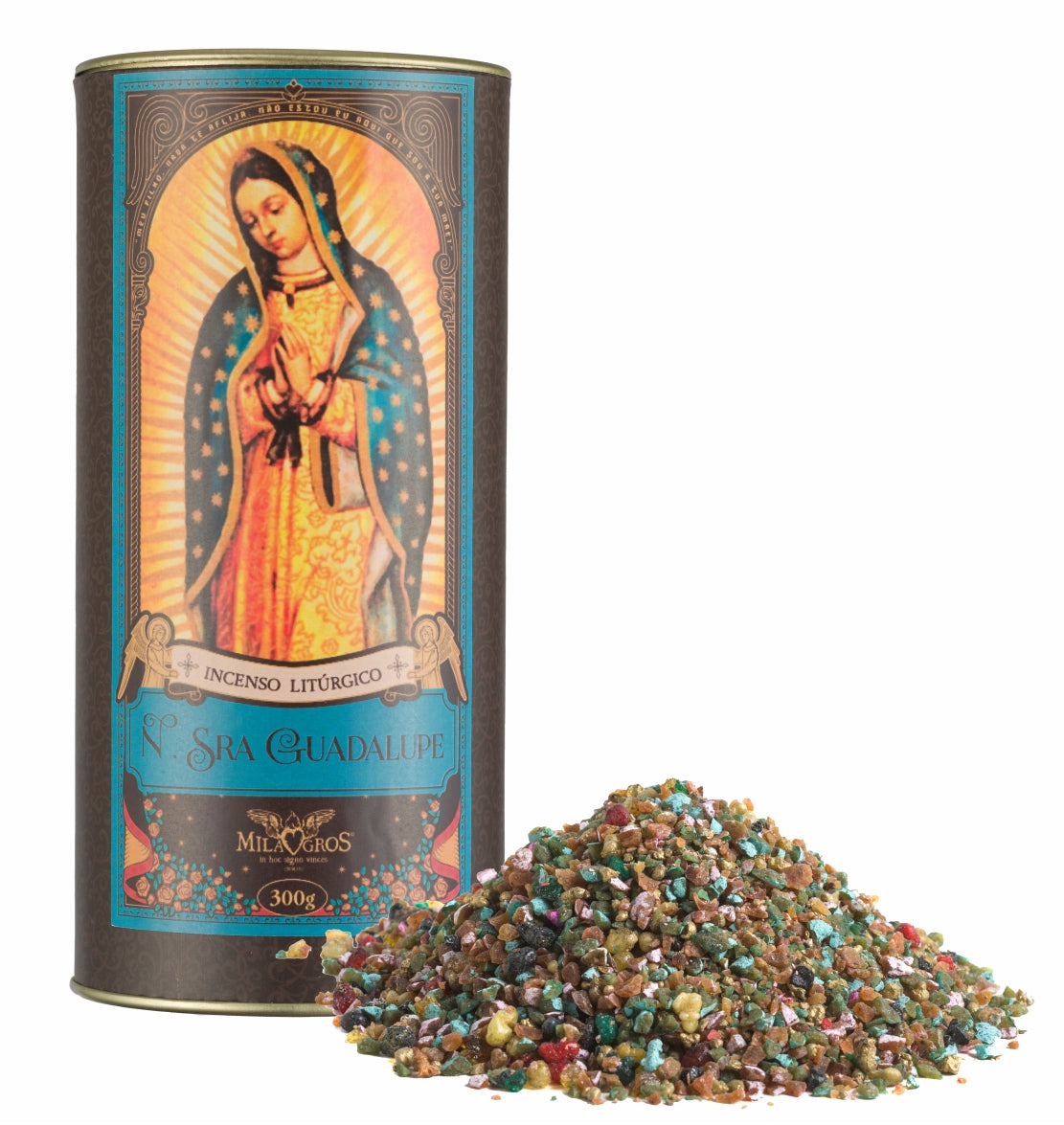 300g canister of Milagros Our Lady of Guadalupe resin incense beside a pile of resin grains.