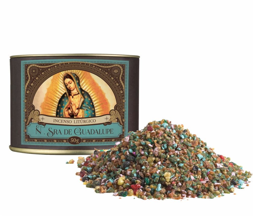 50g canister of Milagros Our Lady of Guadalupe resin incense beside a pile of resin grains.