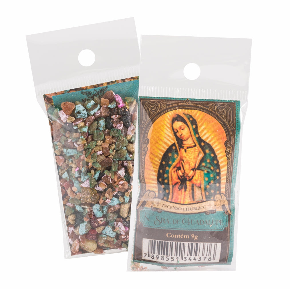 9g sachet of Milagros Our Lady of Guadalupe resin incense, shown front and back with devotional label.