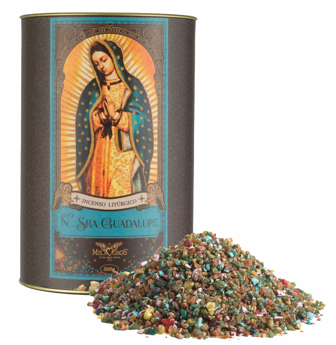 500g canister of Milagros Our Lady of Guadalupe resin incense beside a pile of resin grains.