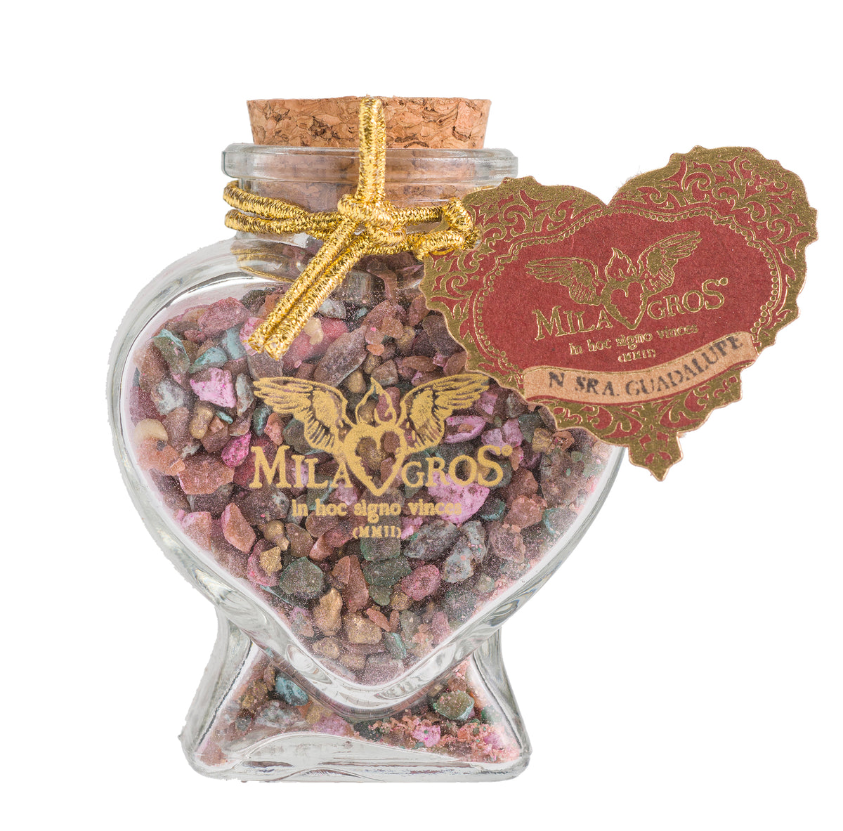 Heart-shaped Cuore glass jar (47g) of Milagros Our Lady of Guadalupe resin incense with cork stopper and gift box.