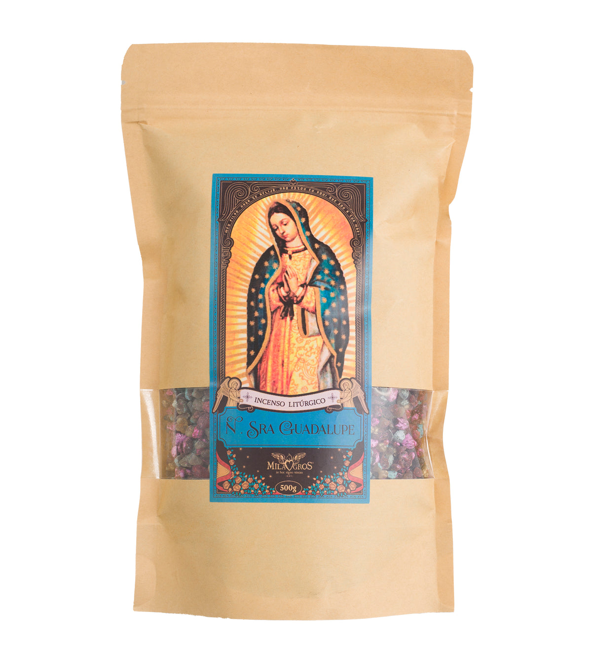 500g kraft refill pouch of Milagros Our Lady of Guadalupe resin incense — elegant, sophisticated Marian blend.