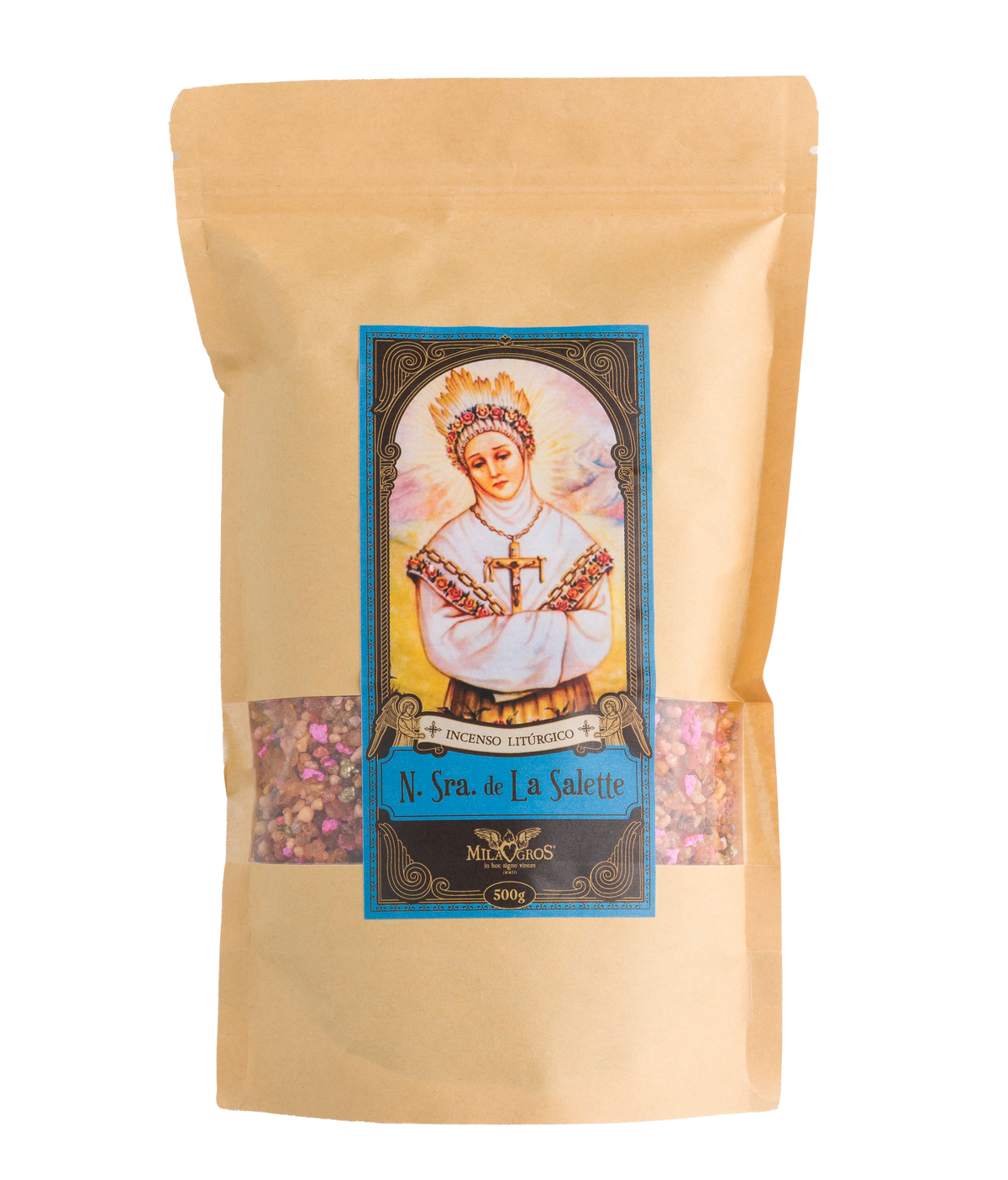 500g kraft refill pouch of Milagros Our Lady of La Salette resin incense — myrrh, nard, and rose.