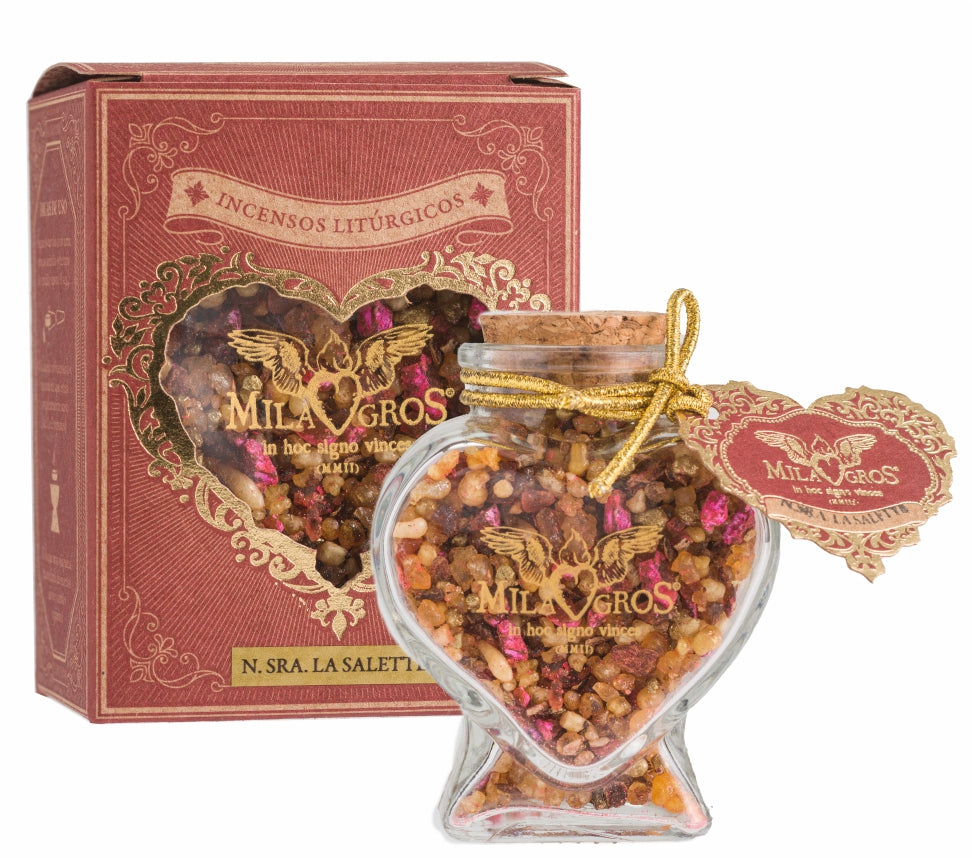 Heart-shaped Cuore glass jar (47g) of Milagros Our Lady of La Salette resin incense with cork stopper and gift box.