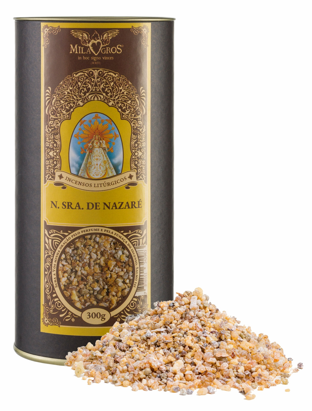300g canister of Milagros Our Lady of Nazareth resin incense beside a pile of resin grains.