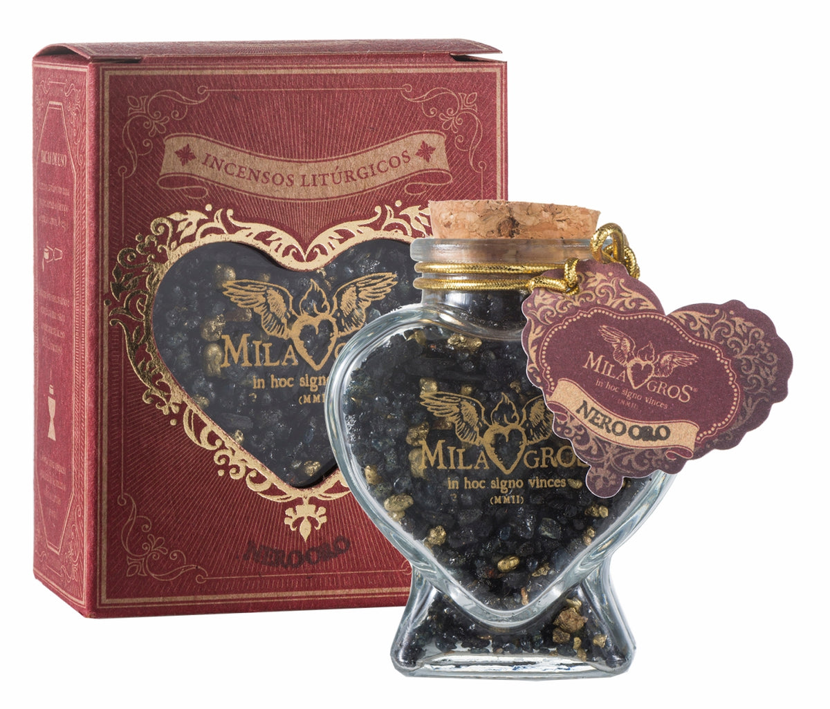 Heart-shaped Cuore glass jar (47g) of Milagros Nero Oro resin incense with cork stopper and gift box.