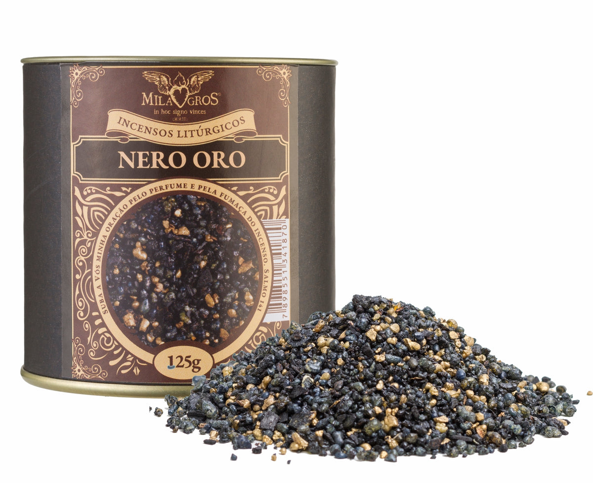 125g canister of Milagros Nero Oro resin incense beside a pile of resin grains.