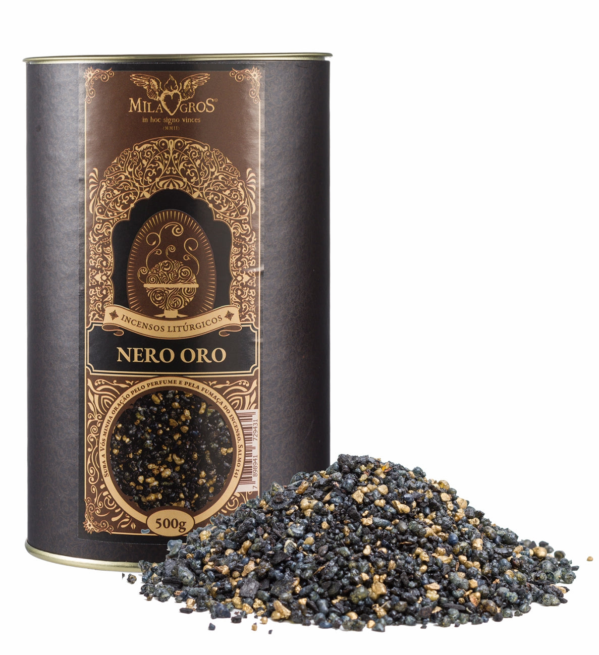 500g canister of Milagros Nero Oro resin incense beside a pile of resin grains.