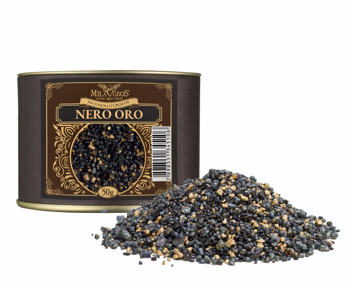 50g canister of Milagros Nero Oro resin incense beside a pile of resin grains.