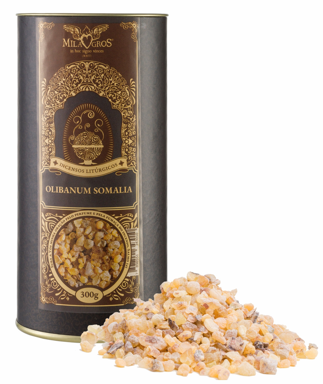 300g canister of Milagros Olibanum Somalia Premium resin incense beside a pile of resin grains.