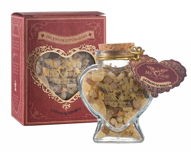 Heart-shaped Cuore glass jar (47g) of Milagros Olibanum Somalia Premium resin incense with cork stopper and gift box.