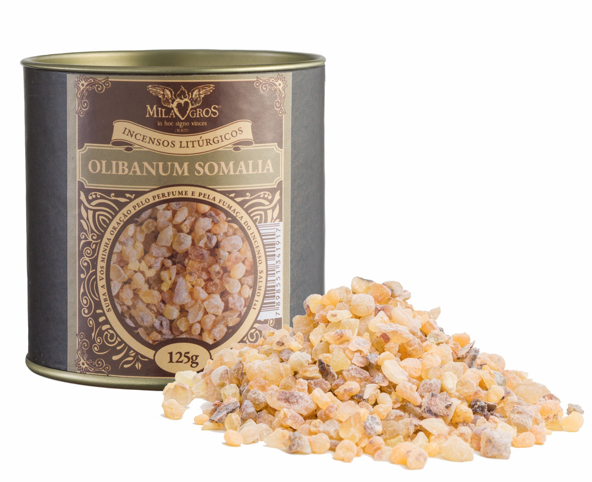 125g canister of Milagros Olibanum Somalia Premium resin incense beside a pile of resin grains.