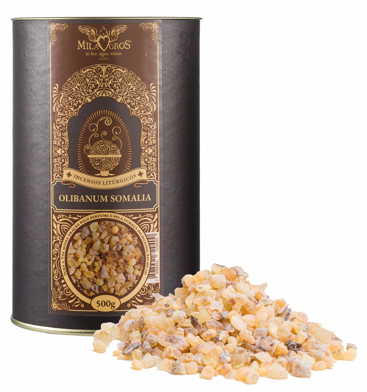 500g canister of Milagros Olibanum Somalia Premium resin incense beside a pile of resin grains.