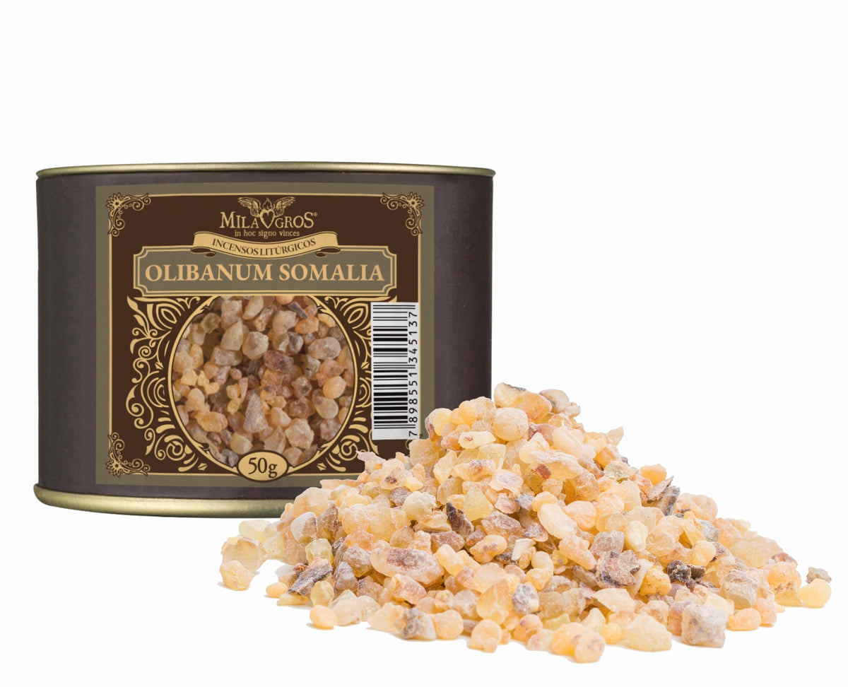 50g canister of Milagros Olibanum Somalia Premium resin incense beside a pile of resin grains.