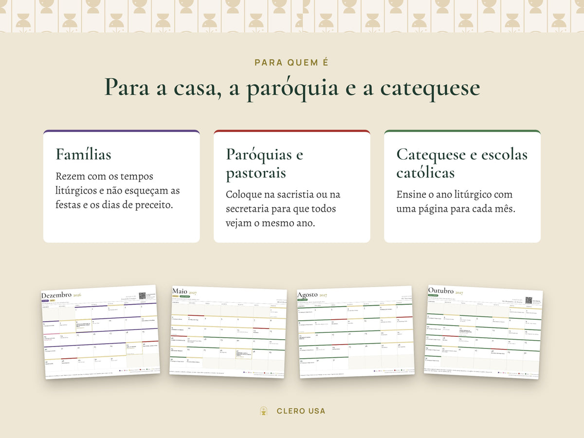 Calendário católico para famílias, paróquias, catequistas e comunidades