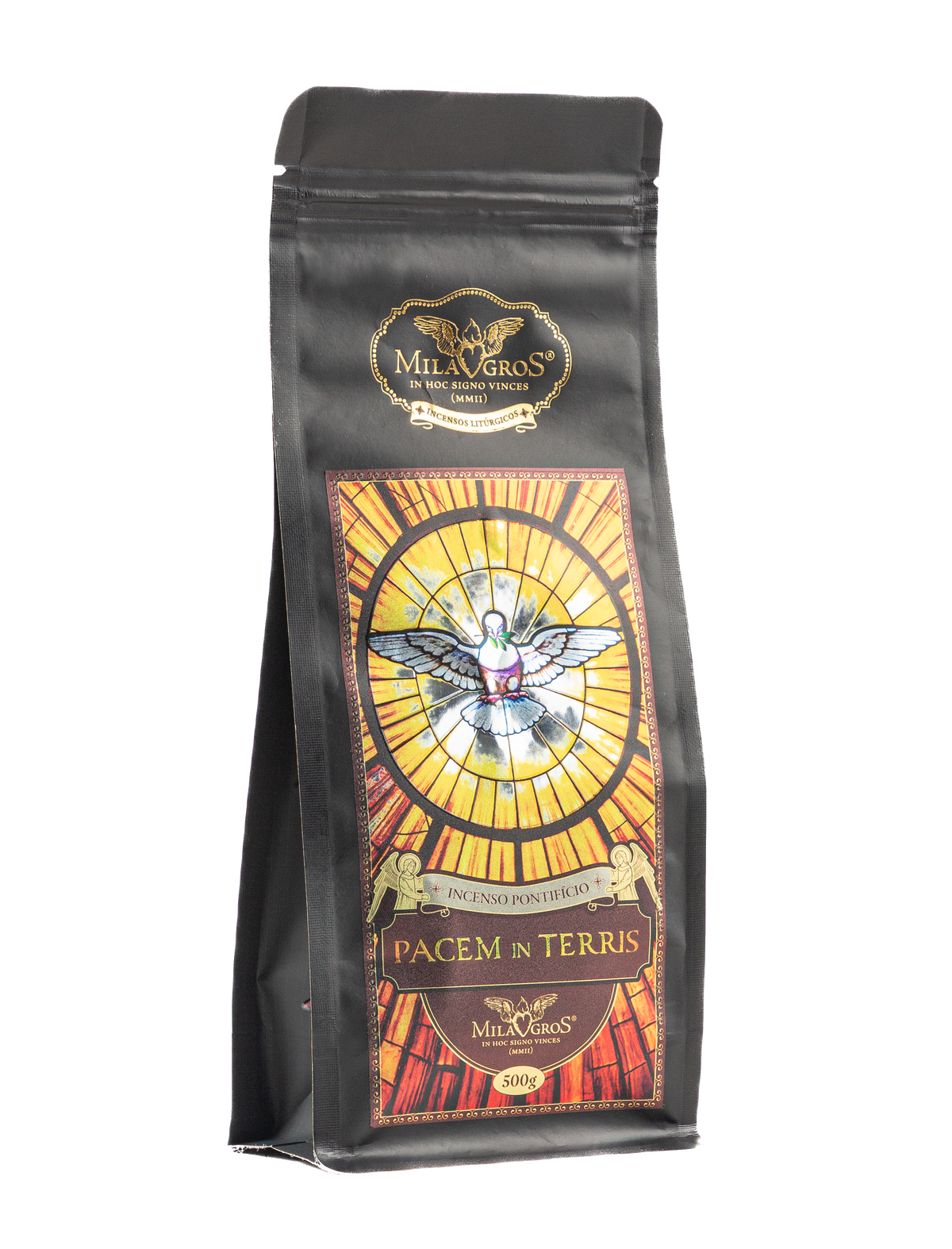 500g kraft refill pouch of Milagros Pacem in Terris resin incense — olibanum, myrrh, storax, nard, rose, lavender.