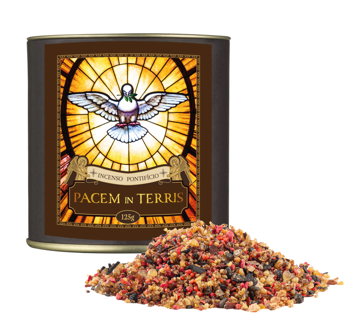125g canister of Milagros Pacem in Terris resin incense beside a pile of resin grains.
