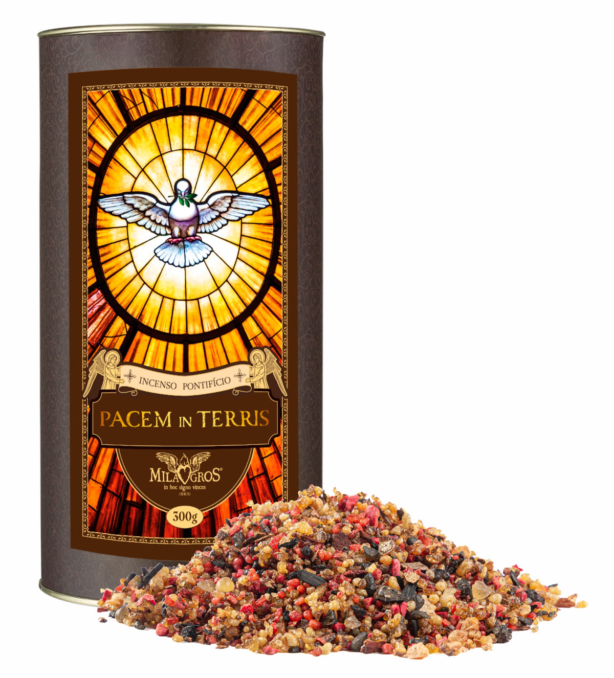 300g canister of Milagros Pacem in Terris resin incense beside a pile of resin grains.