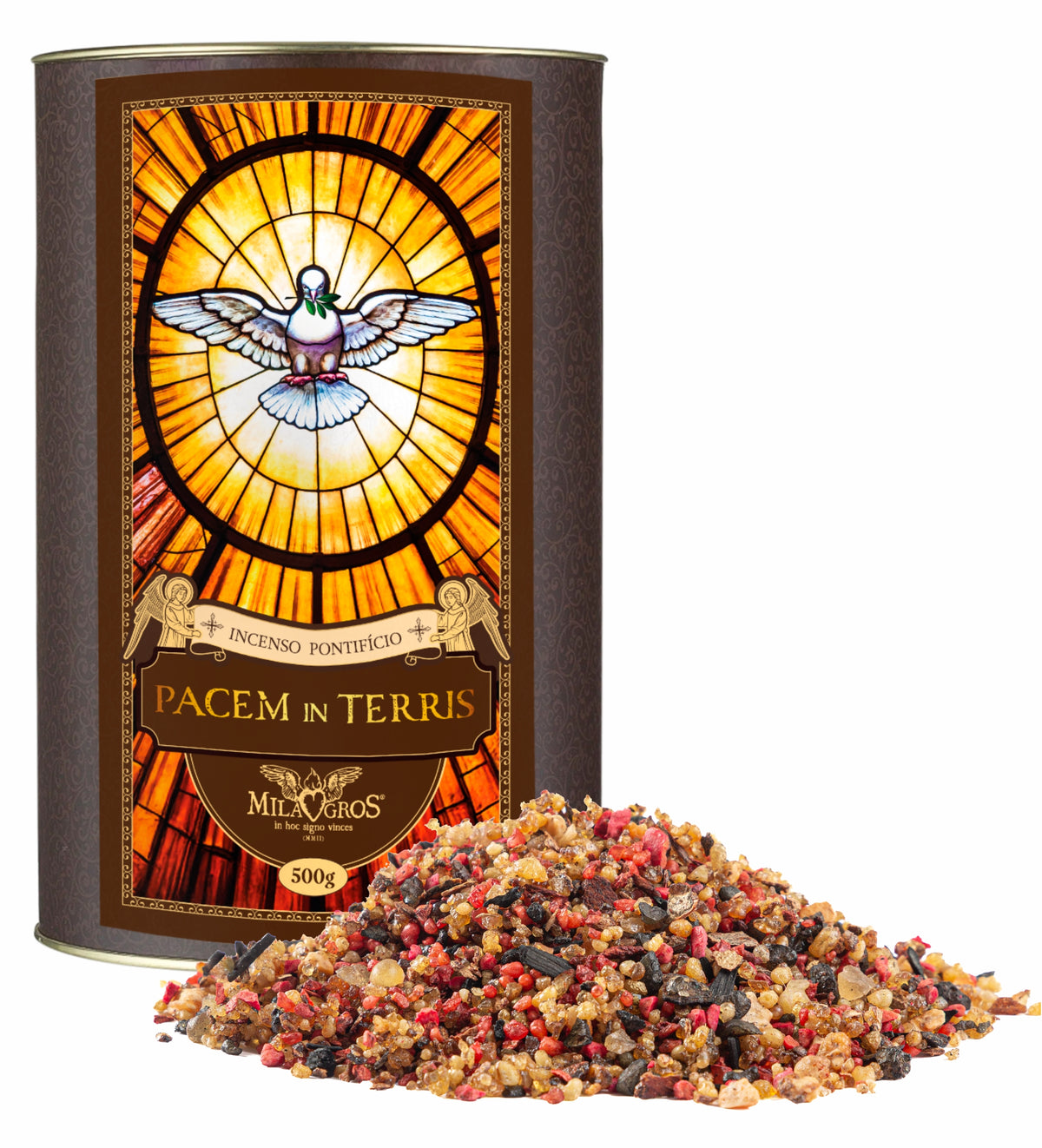 500g canister of Milagros Pacem in Terris resin incense beside a pile of resin grains.