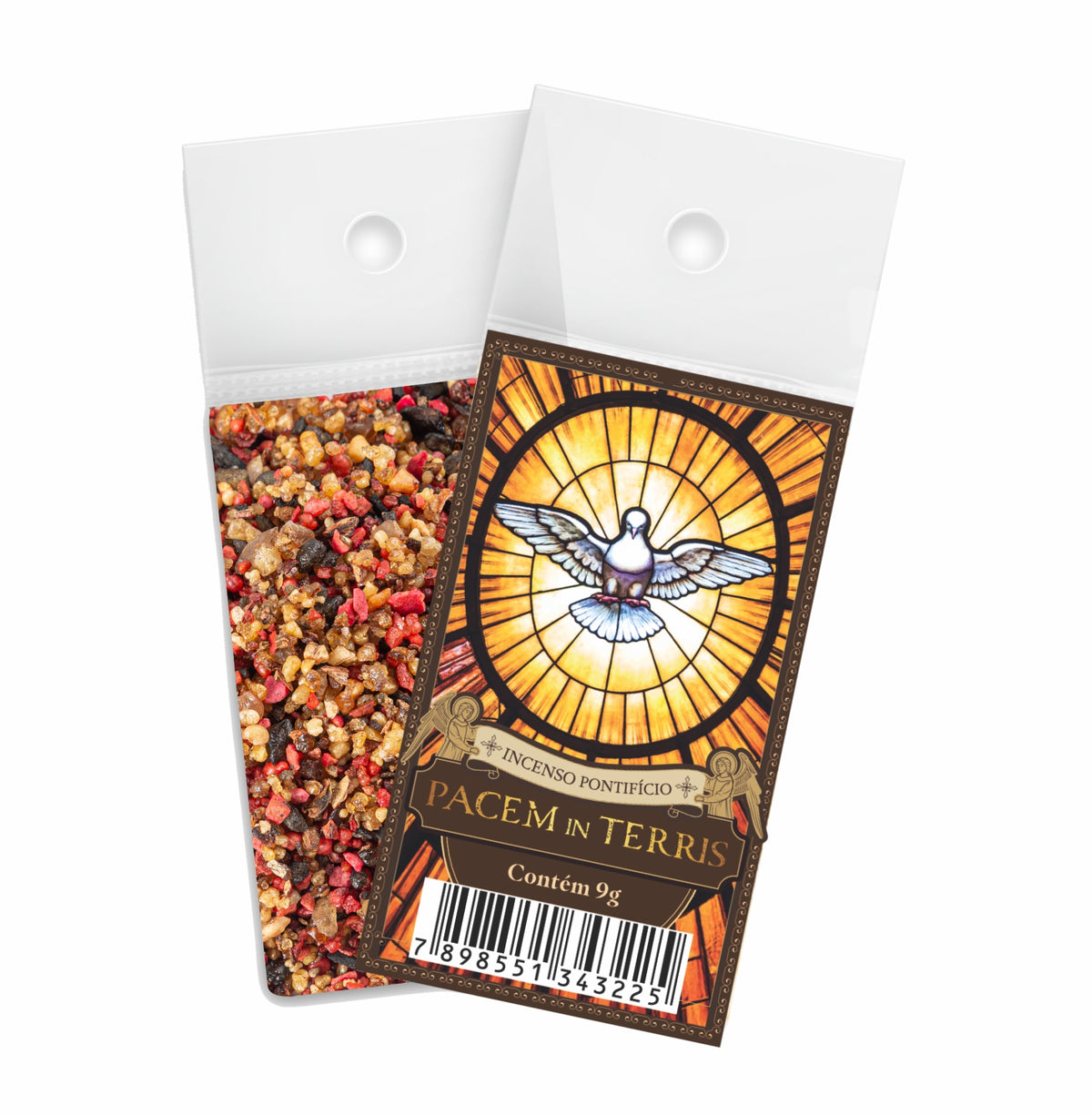 9g sachet of Milagros Pacem in Terris resin incense, shown front and back with devotional label.