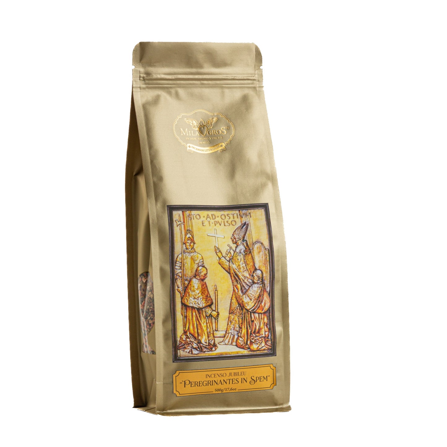 500g kraft refill pouch of Milagros Peregrinantes in Spem resin incense — olibanum, spikenard, labdanum, cinnamon, myrrh.
