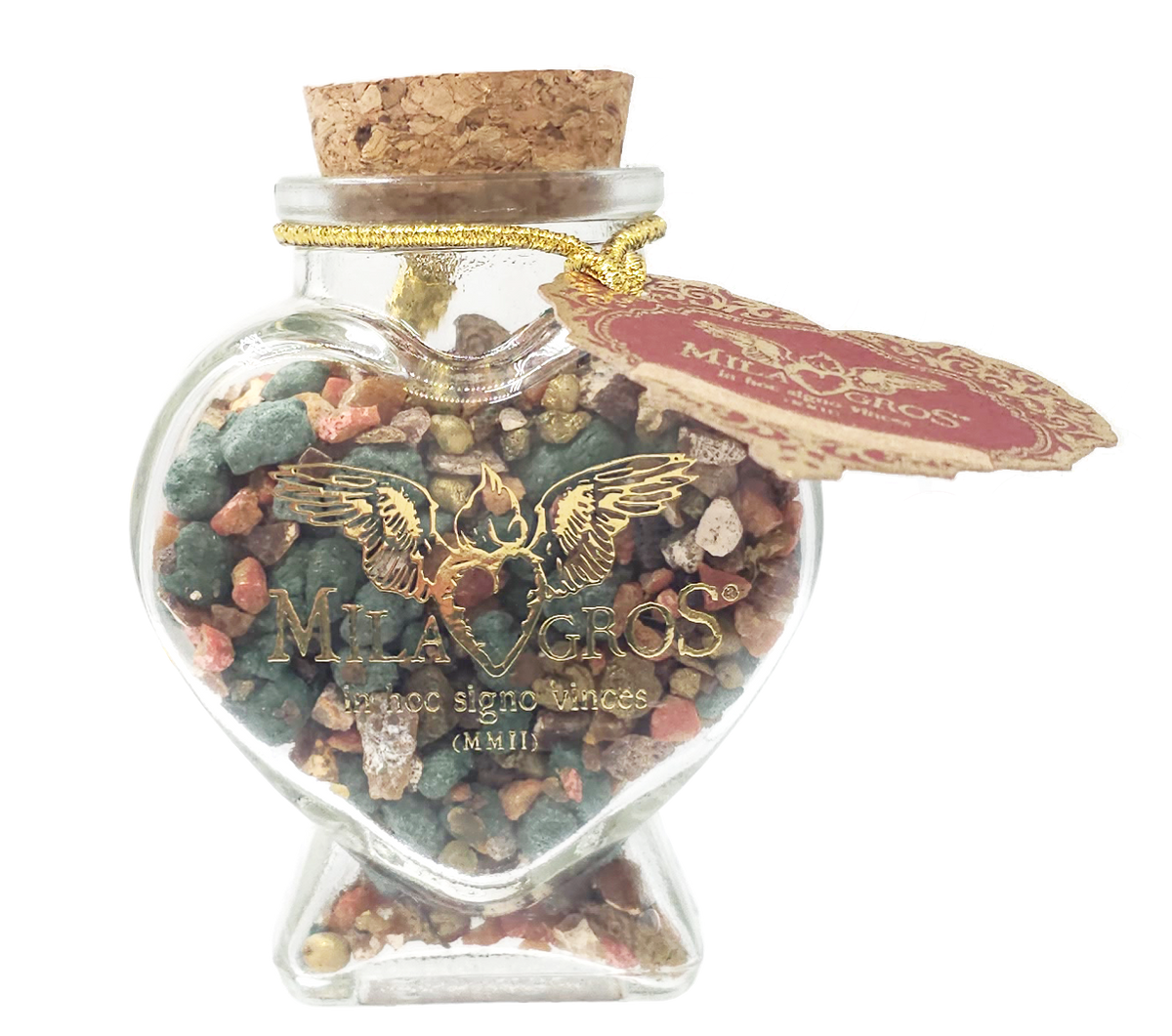 Close-up of the heart-shaped Cuore glass jar of Milagros Peregrinantes in Spem resin incense with cork stopper and heart hangtag.