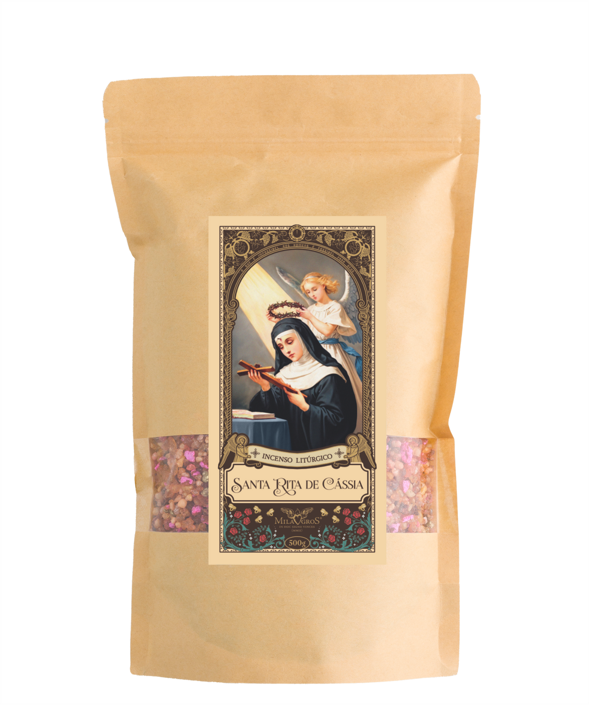 500g kraft refill pouch of Milagros Saint Rita of Cascia resin incense — honey, rose, and subtle clove.