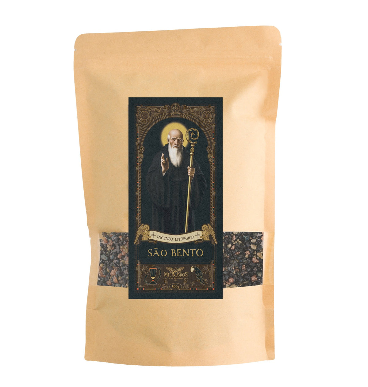 500g kraft refill pouch of Milagros Saint Benedict resin incense — storax-forward liturgical blend.