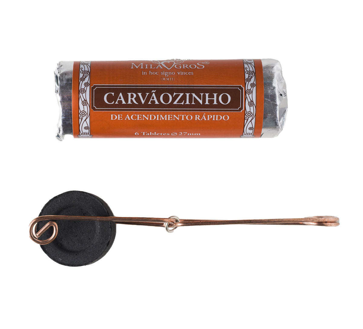 27mm self-igniting charcoal discs with stainless steel tongs