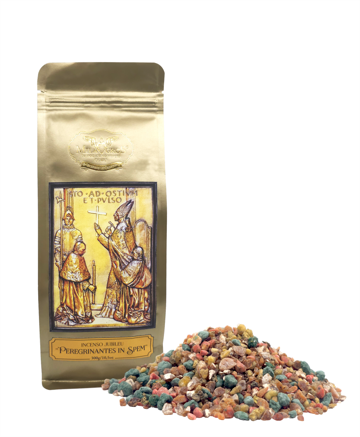 300g kraft refill pouch of Milagros Peregrinantes in Spem resin incense — olibanum, spikenard, labdanum, cinnamon, myrrh.