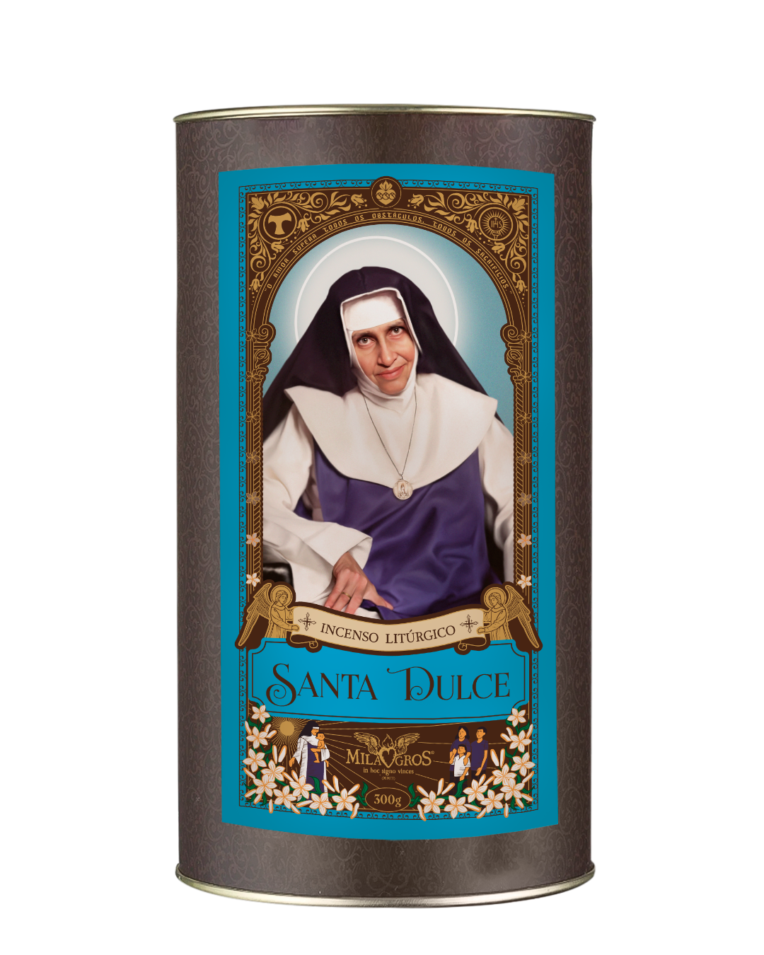 300g canister of Milagros Saint Dulce resin incense beside a pile of resin grains.