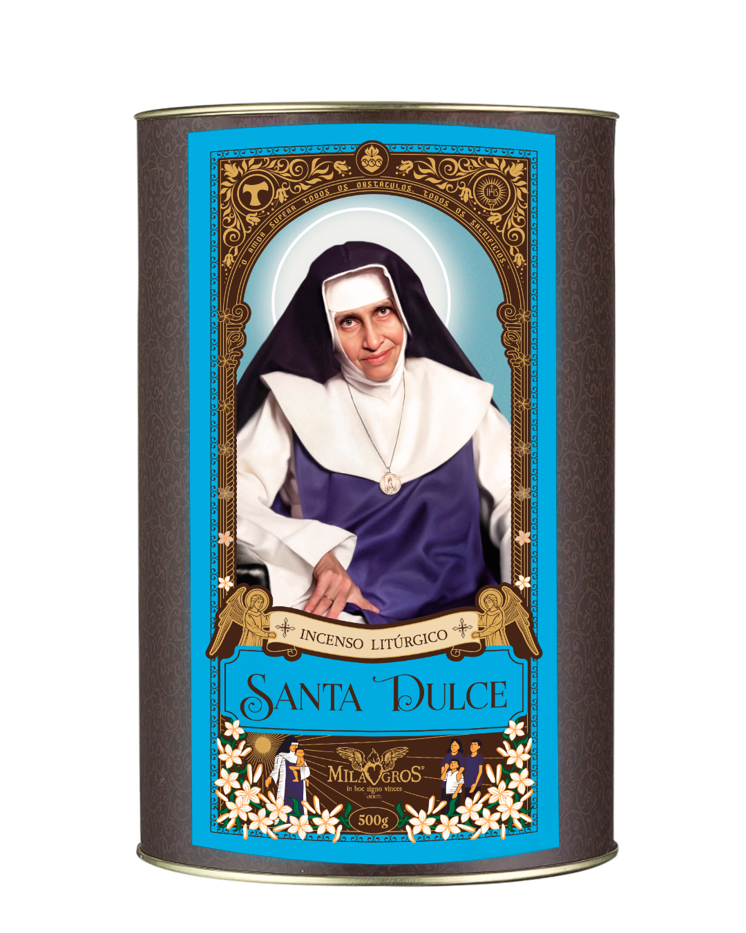 500g canister of Milagros Saint Dulce resin incense beside a pile of resin grains.