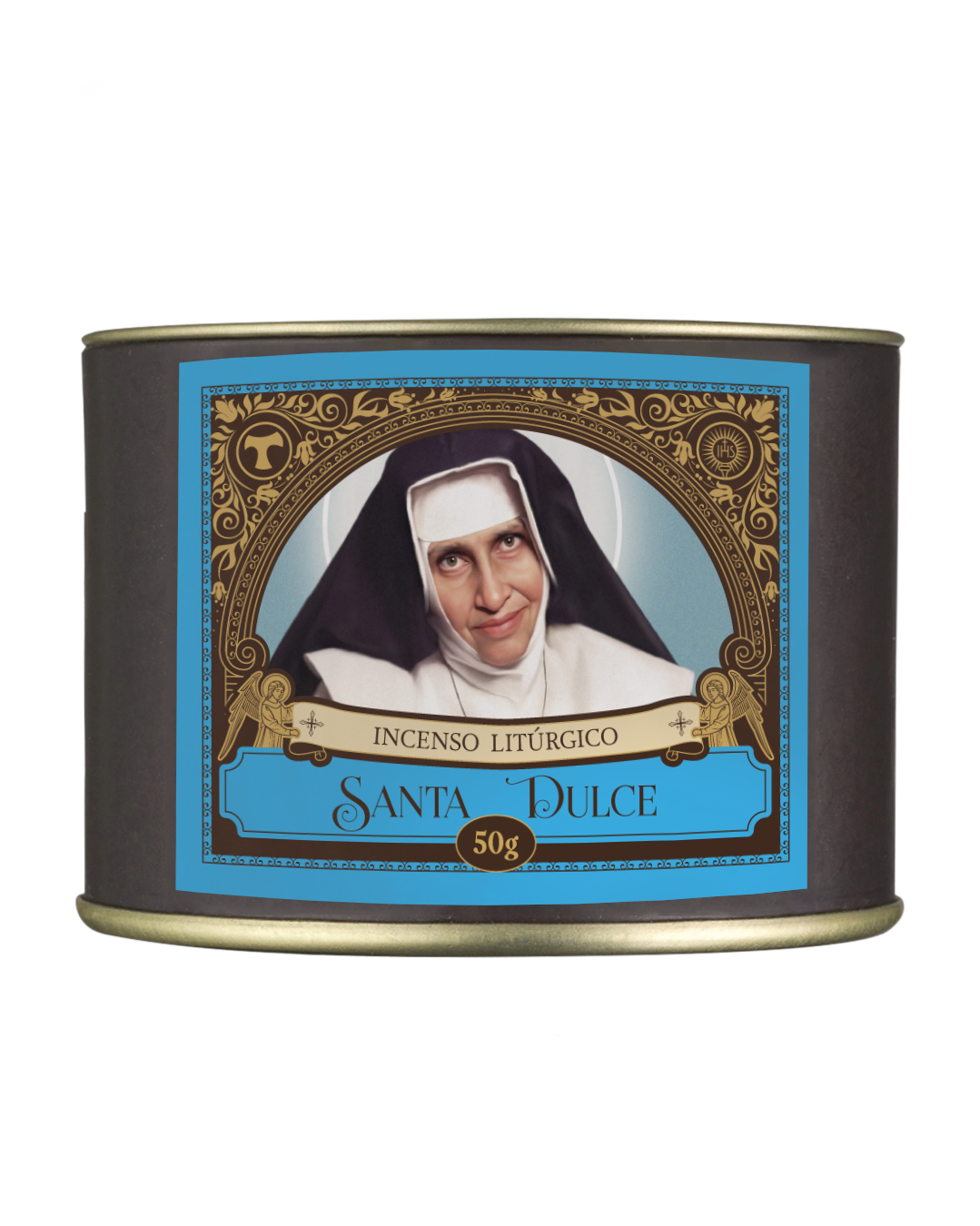 50g canister of Milagros Saint Dulce resin incense beside a pile of resin grains.