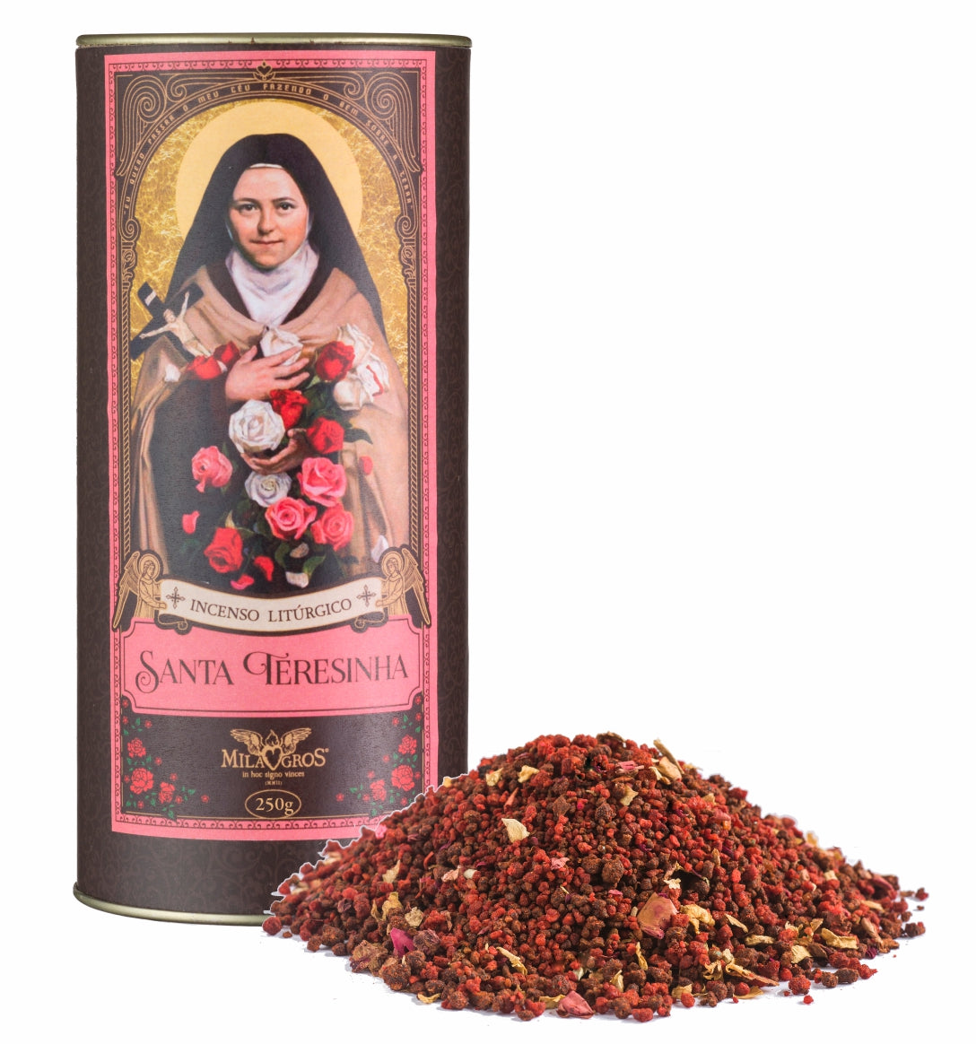 250g canister of Milagros Saint Therese of Lisieux resin incense beside a pile of resin grains.