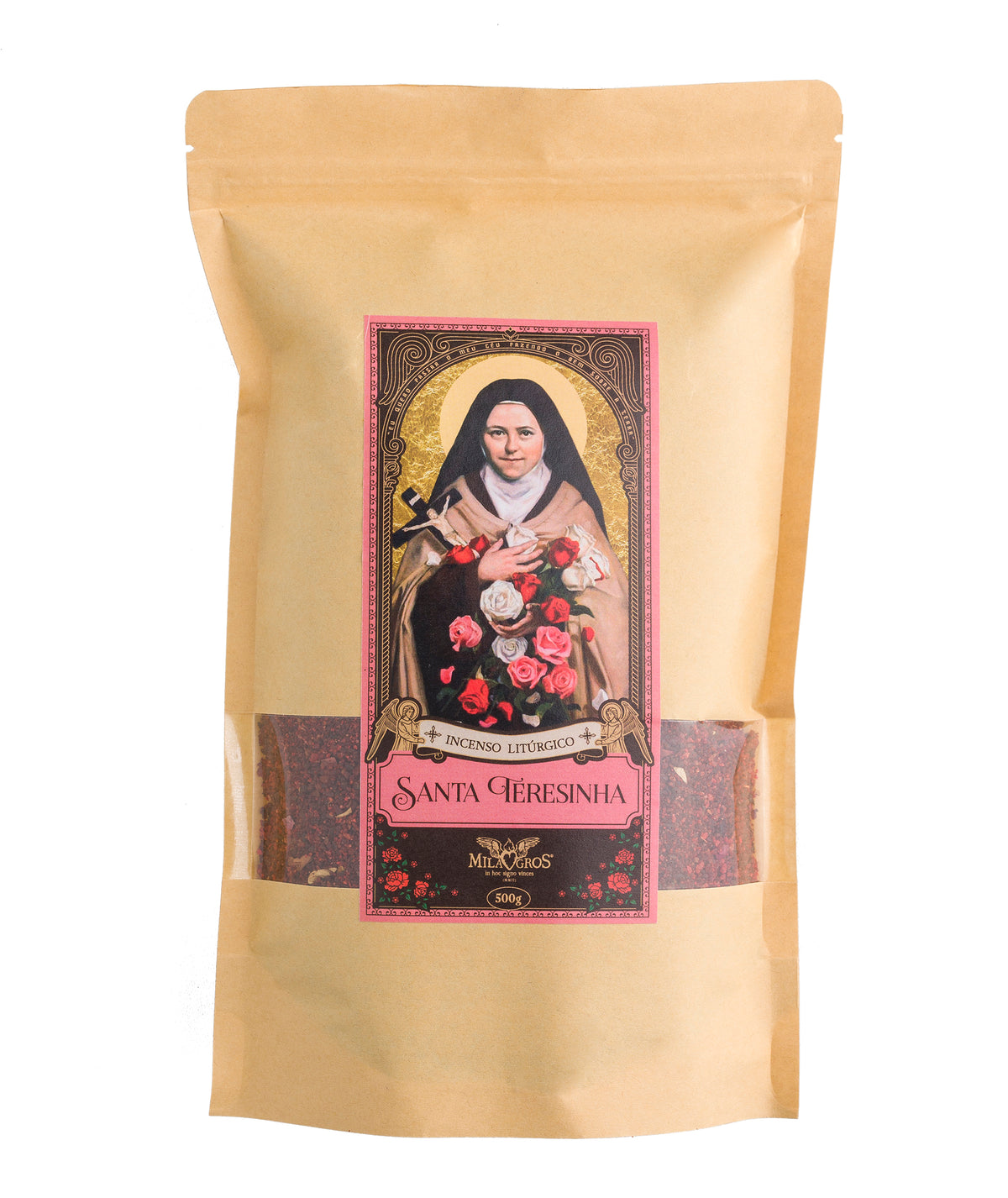 500g canister of Milagros Saint Therese of Lisieux resin incense beside a pile of resin grains.