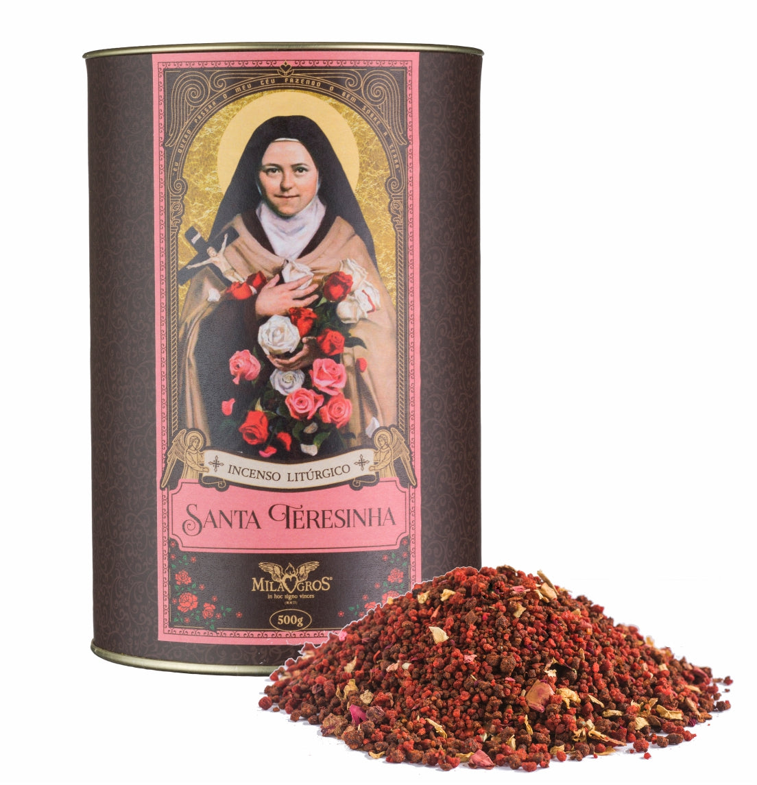 500g canister of Milagros Saint Therese of Lisieux resin incense beside a pile of resin grains.