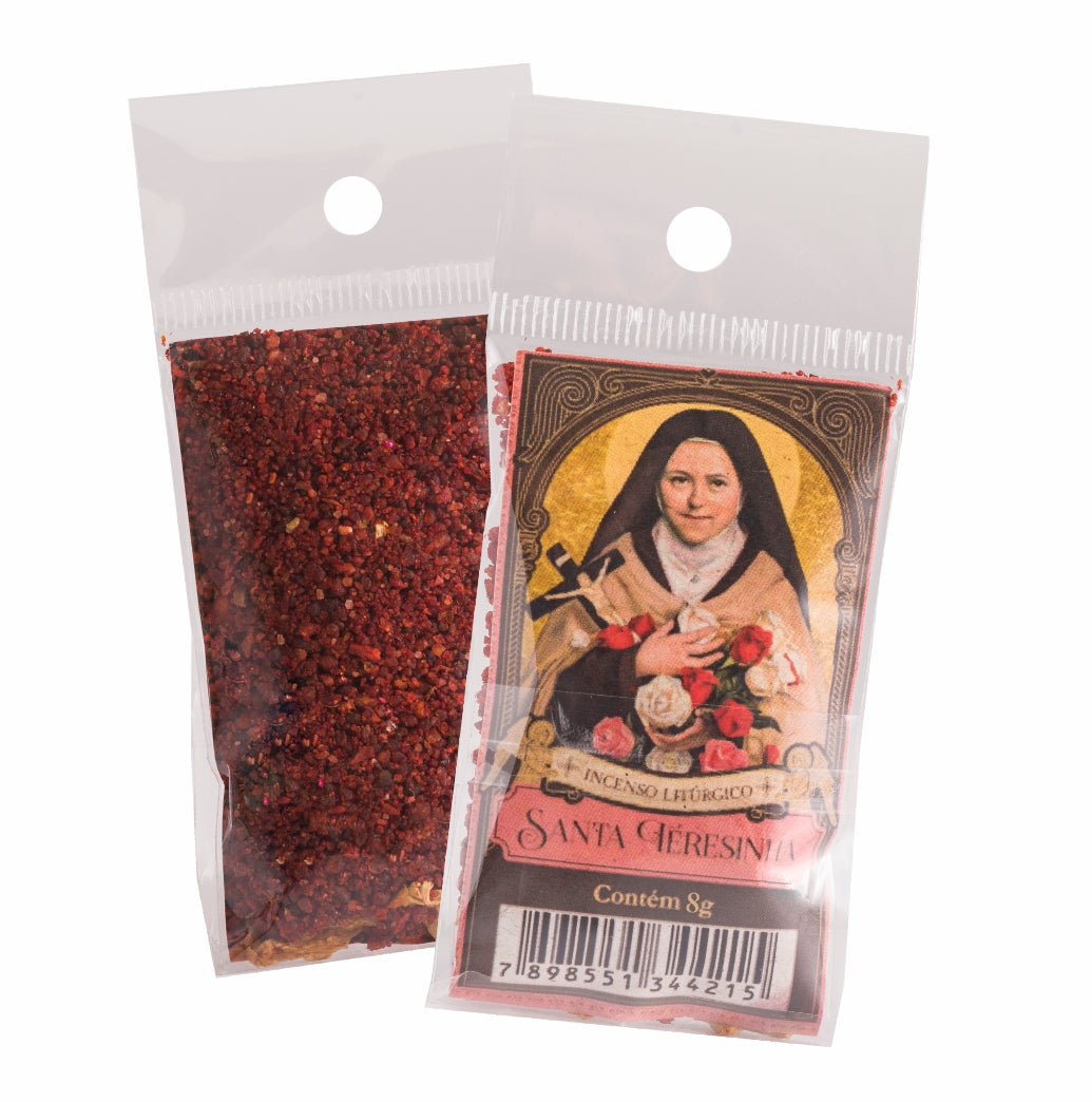 8g sachet of Milagros Saint Therese of Lisieux resin incense, shown front and back with devotional label.