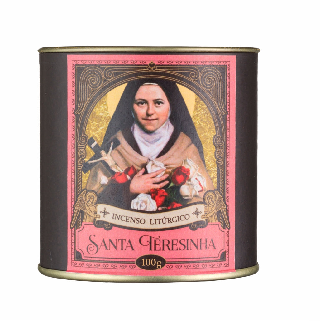 Front view of the 100g canister of Milagros Saint Therese of Lisieux resin incense.