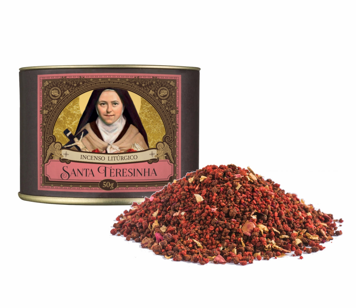50g canister of Milagros Saint Therese of Lisieux resin incense beside a pile of resin grains.