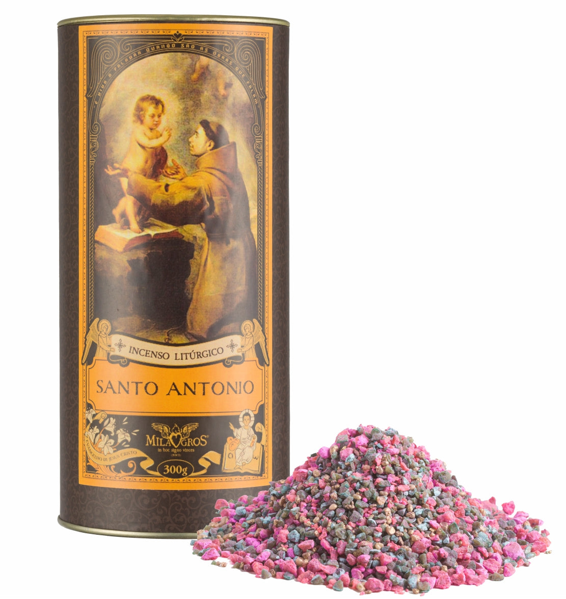300g canister of Milagros Saint Anthony resin incense beside a pile of resin grains.