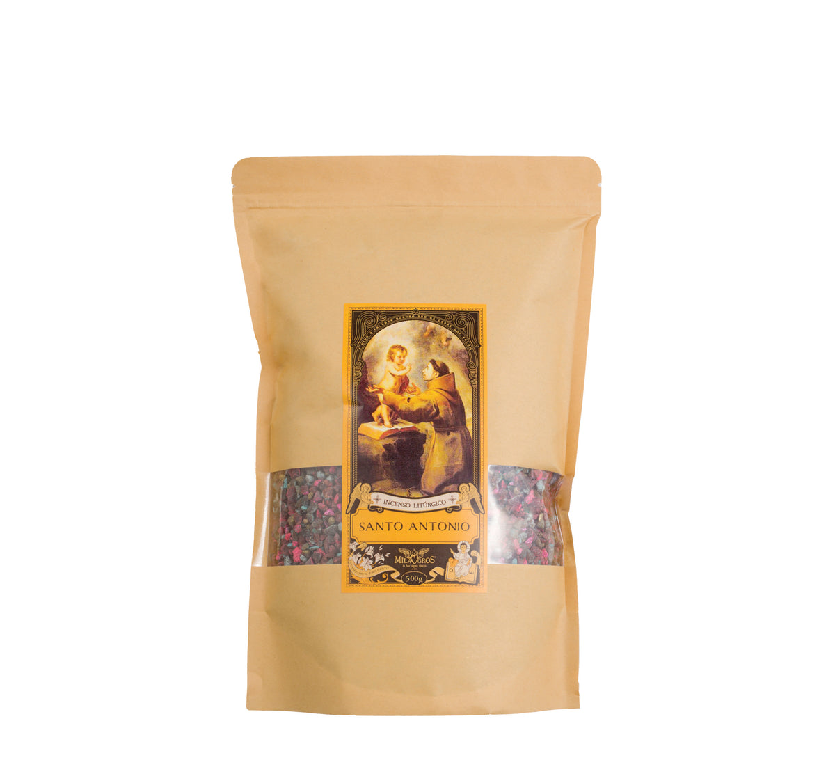 500g canister of Milagros Saint Anthony resin incense beside a pile of resin grains.
