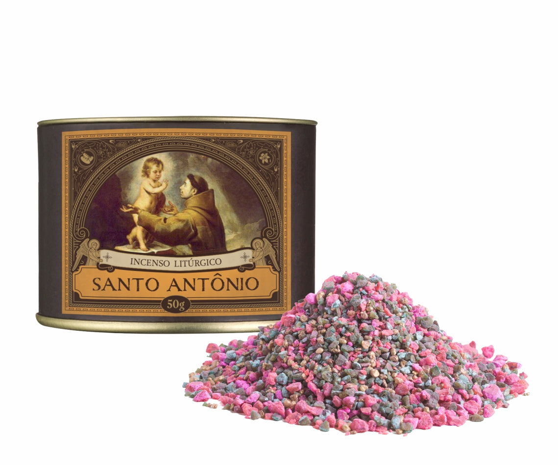 50g canister of Milagros Saint Anthony resin incense beside a pile of resin grains.