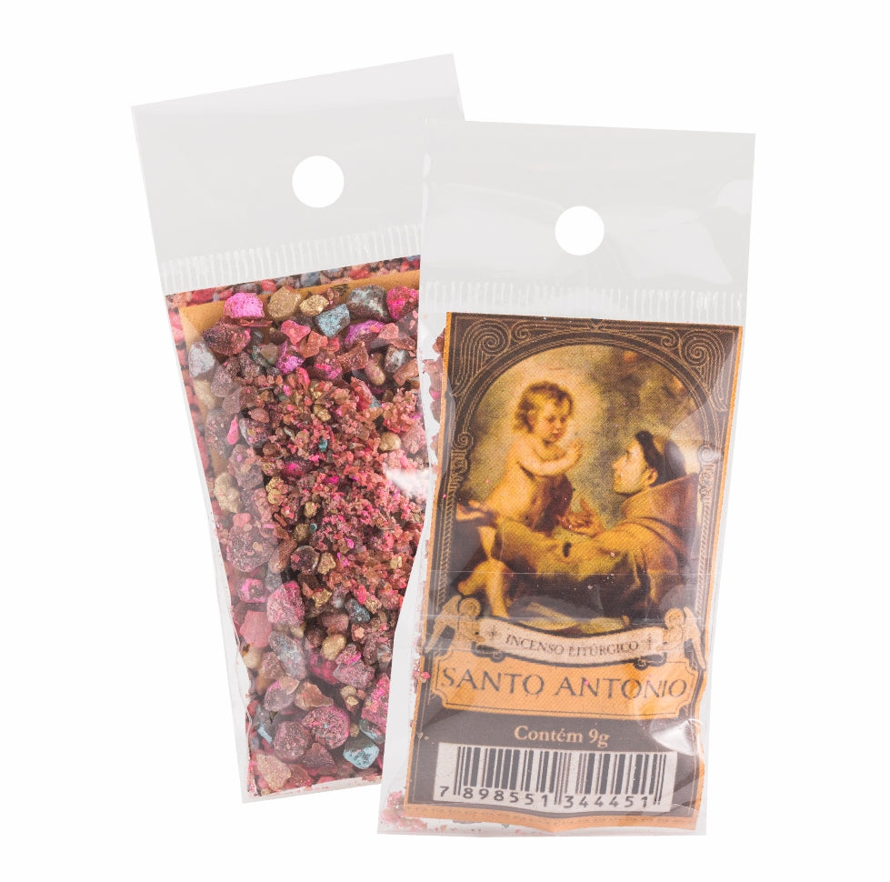 9g sachet of Milagros Saint Anthony resin incense, shown front and back with devotional label.