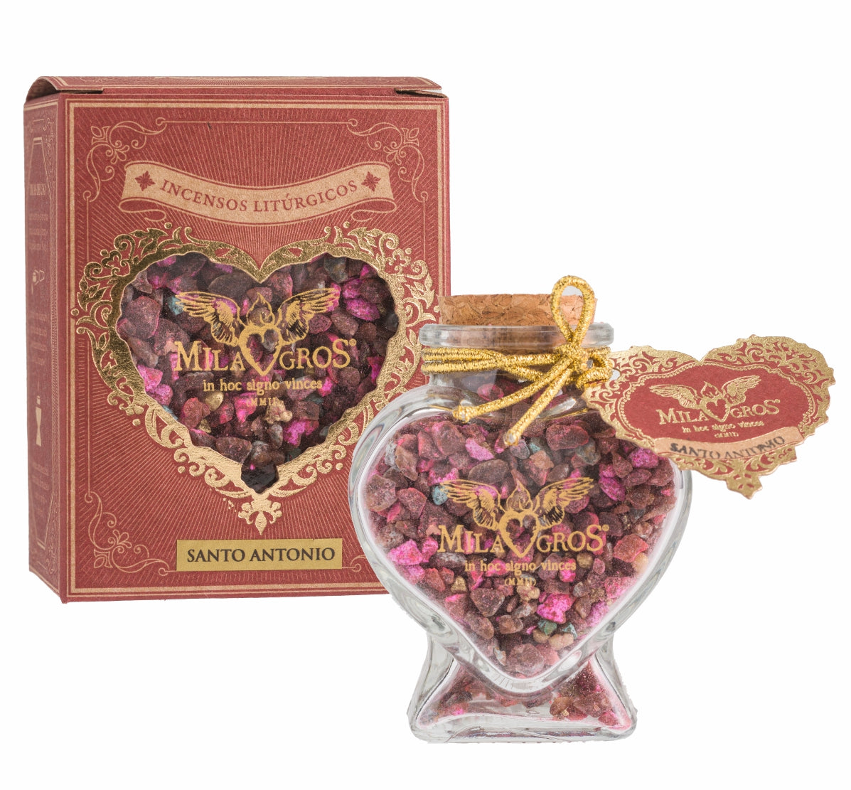 Heart-shaped Cuore glass jar (47g) of Milagros Saint Anthony resin incense with cork stopper and gift box.